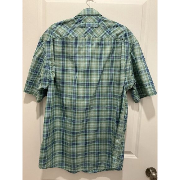 Duluth Trading Button Down Large Tall Short Sleeve Green Blue Plaid - Picture 5 of 8